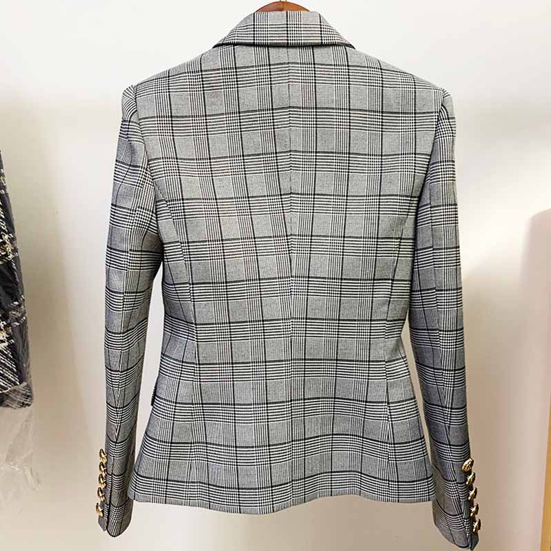 Women's Double Breasted Lion Button Blazer Slim Fitting Plaid Jacket