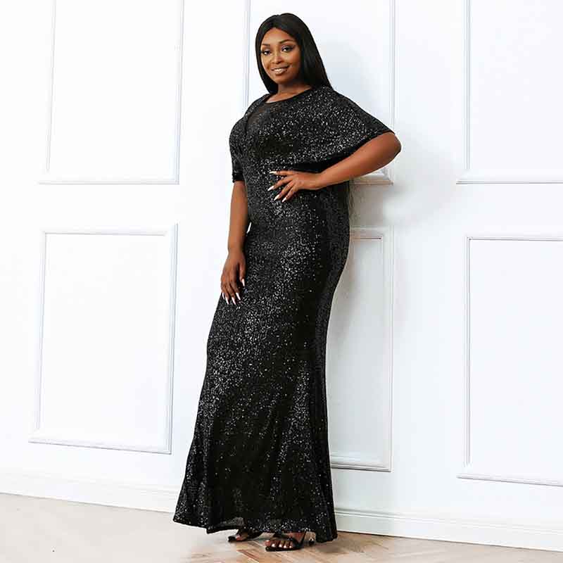 Women's Plus Size Shinny Sequin Black Evening Dress Sleeve Prom Gown