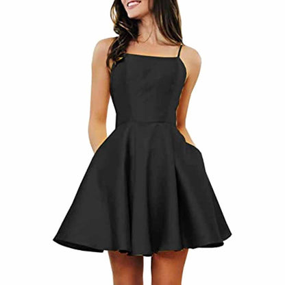 Women's Short Homecoming Dresses Pockets Backless Satin Prom Dress for Teens