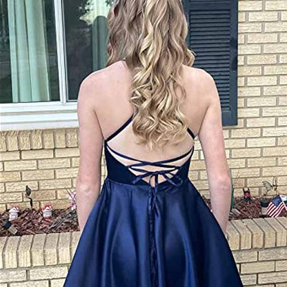 Women's Short Homecoming Dresses Pockets Backless Satin Prom Dress for Teens