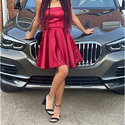 Women's Short Homecoming Dresses Pockets Backless Satin Prom Dress for Teens