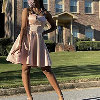Women's Short Homecoming Dresses Pockets Backless Satin Prom Dress for Teens