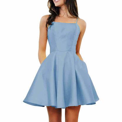 Women's Short Homecoming Dresses Pockets Backless Satin Prom Dress for Teens