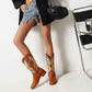 Women's Cowgirl Square Roe Short Boots Embroidered Brown Boots Chunky