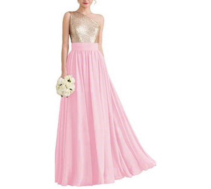 Women One Shoulder Sequin Bridesmaid Dresses Long Chiffon Formal Dresses