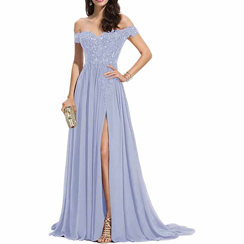 Women's Off The Shoulder Prom Dresses Slit Lace Appliqued Chiffon Formal Party Gowns