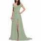 Women's Off The Shoulder Prom Dresses Slit Lace Appliqued Chiffon Formal Party Gowns