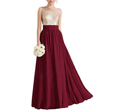 Women One Shoulder Sequin Bridesmaid Dresses Long Chiffon Formal Dresses