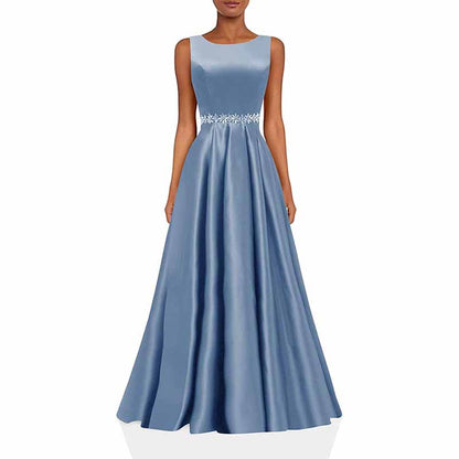 Women Long Prom Dress Satin A-Line with Beaded Belt Formal Evening Gown
