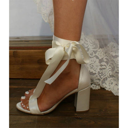 White high-heeled sandals thick heels Ankle Strap wedding party shoes