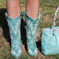 Women's Western Cowboy Boots Embroidered Green Mid-calf Boots