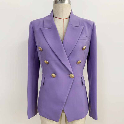 Women's Purple Textured Luxury Fitted Double Breasted Blazer with Lion Buttons