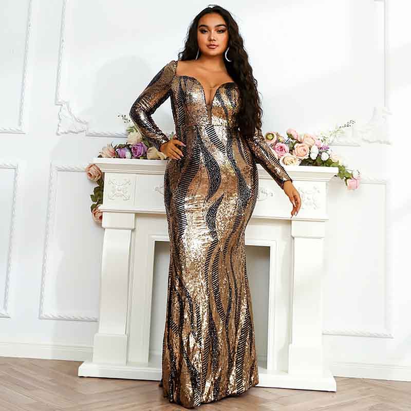Women Plus Size Tulle Mermaid Sequin Long Sleeve Evening Dress Formal Prom Gowns