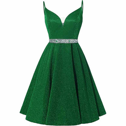 Girls Spaghetti Short Satin Prom Dress V-Neck Beaded Homecoming Evening Party Gowns