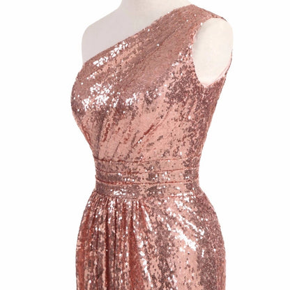 sd-hk Women Sequin Prom Dress Single Shoulder Evening Party Gowns
