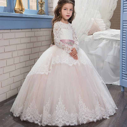 Princess Lace Flower Wedding Dress Kids Prom Puffy Tulle Ball Gown