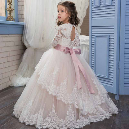 Princess Lace Flower Wedding Dress Kids Prom Puffy Tulle Ball Gown