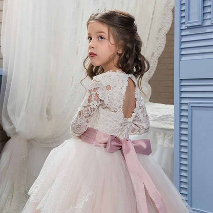 Princess Lace Flower Wedding Dress Kids Prom Puffy Tulle Ball Gown