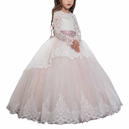 Princess Lace Flower Wedding Dress Kids Prom Puffy Tulle Ball Gown