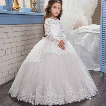 Princess Lace Flower Wedding Dress Kids Prom Puffy Tulle Ball Gown