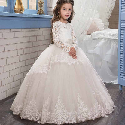 Princess Lace Flower Wedding Dress Kids Prom Puffy Tulle Ball Gown