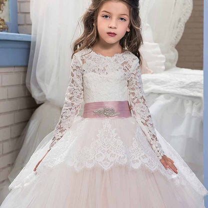 Princess Lace Flower Wedding Dress Kids Prom Puffy Tulle Ball Gown