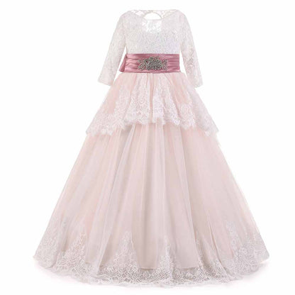 Princess Lace Flower Wedding Dress Kids Prom Puffy Tulle Ball Gown