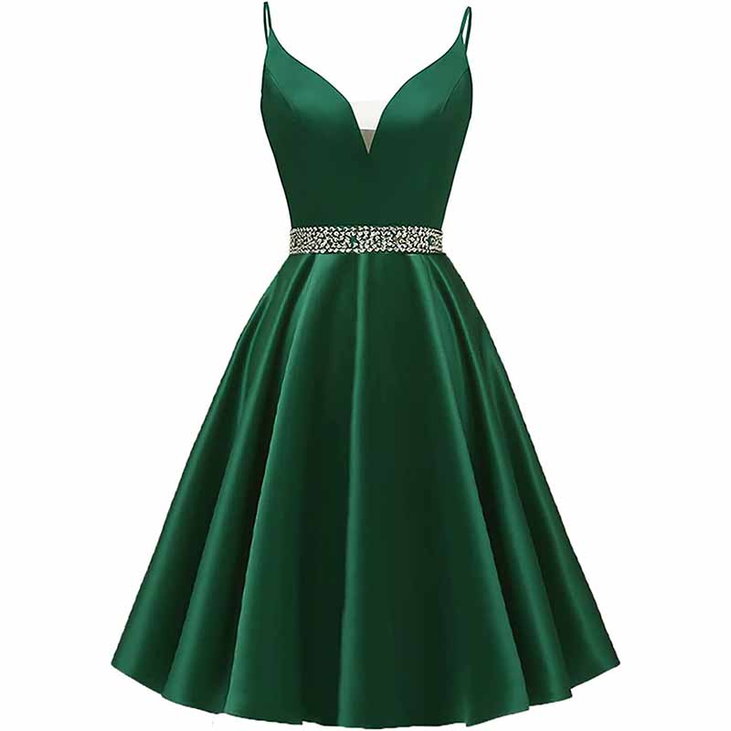 Girls Spaghetti Short Satin Prom Dress V-Neck Beaded Homecoming Evening Party Gowns