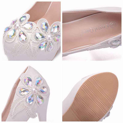 Women's Wedding Shoes Chunky Heel Lace Pumps with Rhinestone Bridal Shoes
