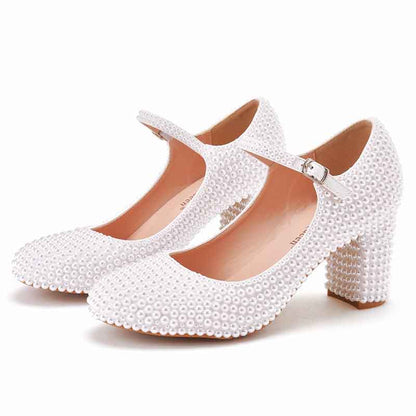 Women's Bridal Low Heel Closed Toe with Pearl Chunky Wedding Shoes