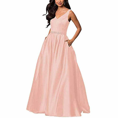 Women's Satin Bridesmaid Dress With Pocket Long Formal Evening Party Maxi Dress