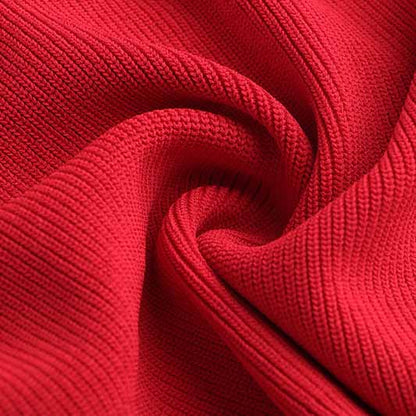 Women Ribbed-knit Red Minidress Short-sleeve Dress V-neck Cockail Dress