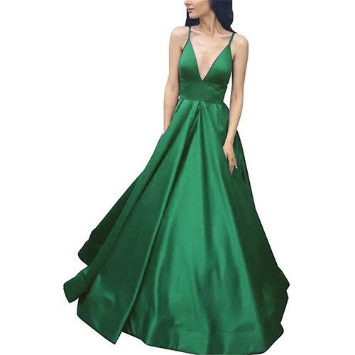 Women V Neck Satin Bridesmaid Dress Party Prom Gown