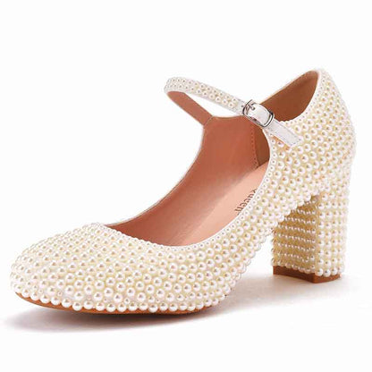 Women's Bridal Low Heel Closed Toe with Pearl Chunky Wedding Shoes