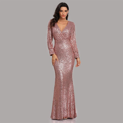 Long Sleeve Wedding Gowns V Neck Sequin Long Prom Dress