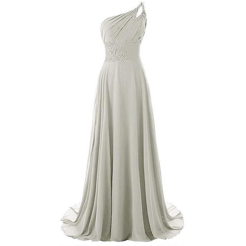 One shoulder silver dress long