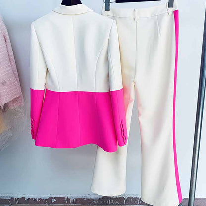 Women Hot Pink Light Beige Blazer + Flare Trousers Suit