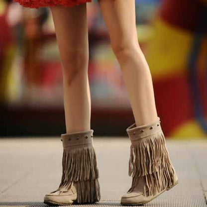 Women's Tassel Bootie Fringe Hidden Wedge Heel Ankle Boots