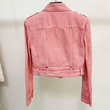 Women's Golden Lion Buttons Belted Denim Biker Jacket Coat Pink