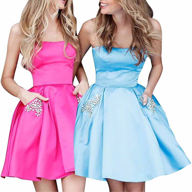 Women Satin Short Prom Dress with Pocket Off The Shoulder Mini Homecoming Dress