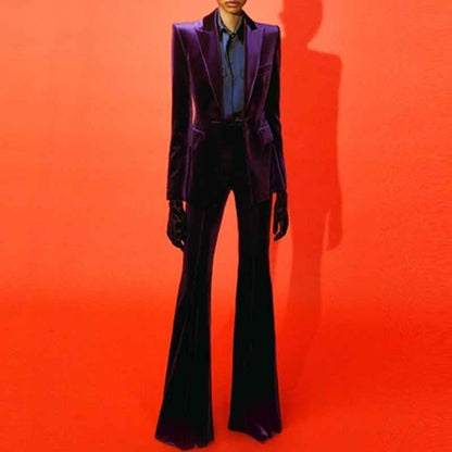 Women Velvet Blazer Pantsuit+ Flare Trousers Suit
