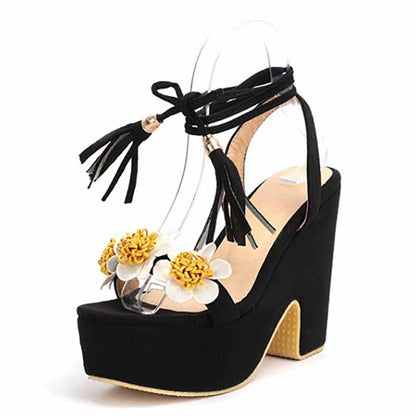 Women's Shoes Platform Heels Sandals Suede Flower Block Heels