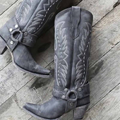 Women's Floral Embroidered Western Boots Knee High Cowboy Boots