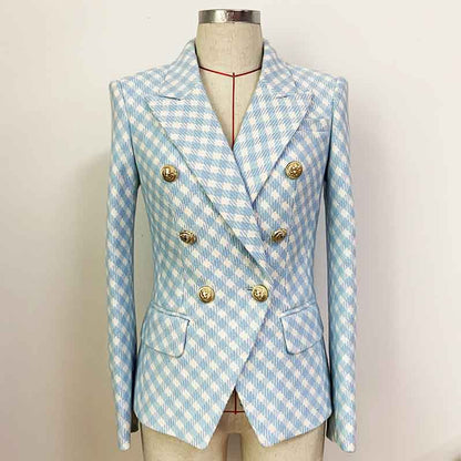 Women's Fitted Golden Lion Buttons Luxury Blue Checked Blazer