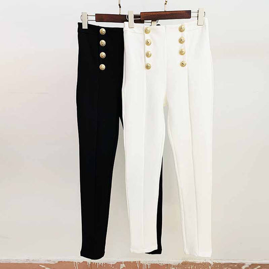 Elastic White Skinny Formal Pants Gold-tone Buttons Pencil Pants Black
