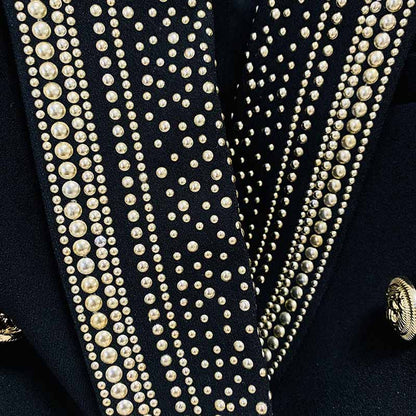 Womens Black Metal Coat Double Breasted Lion Button Blazer with Belt Outwear