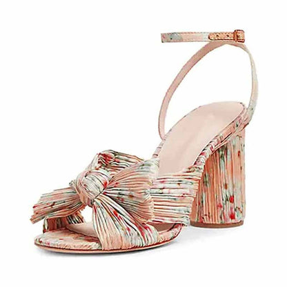 Floral bridal bow knot heeled sandals with a stylish block heel and ankle strap