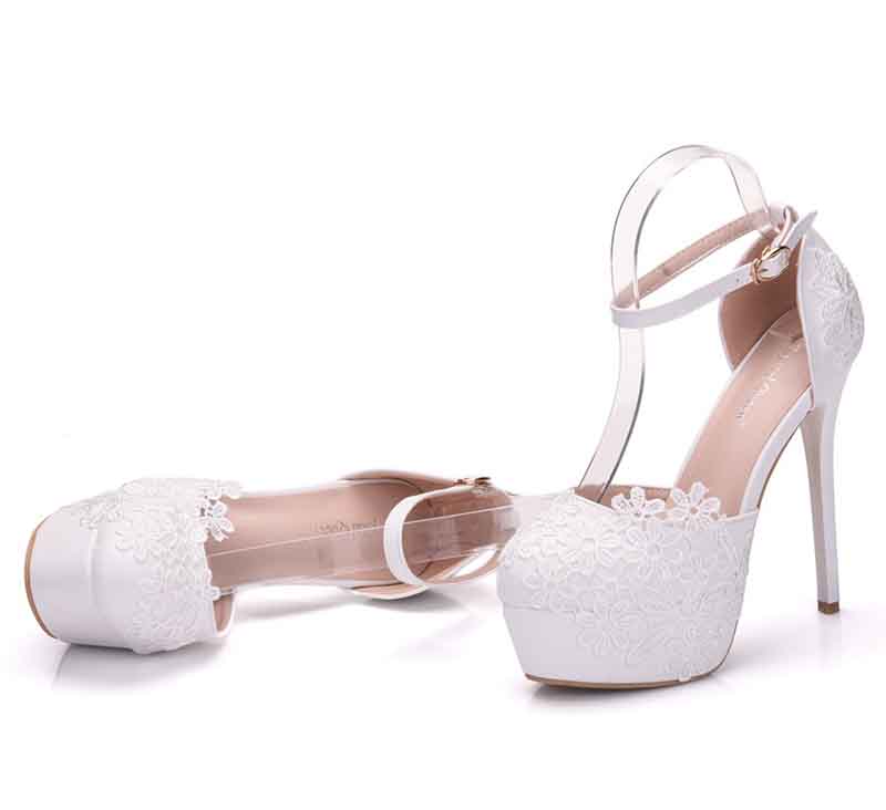 Women's Strappy White Wedding Pumps Lace Bridal Shoes