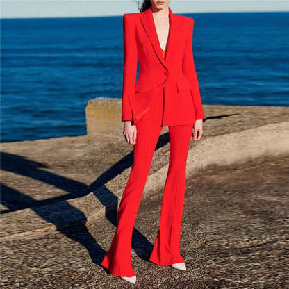 Women's Red Pantsuit Blazer+High Waisted Flare Pants Suit Wedding Pantsuit