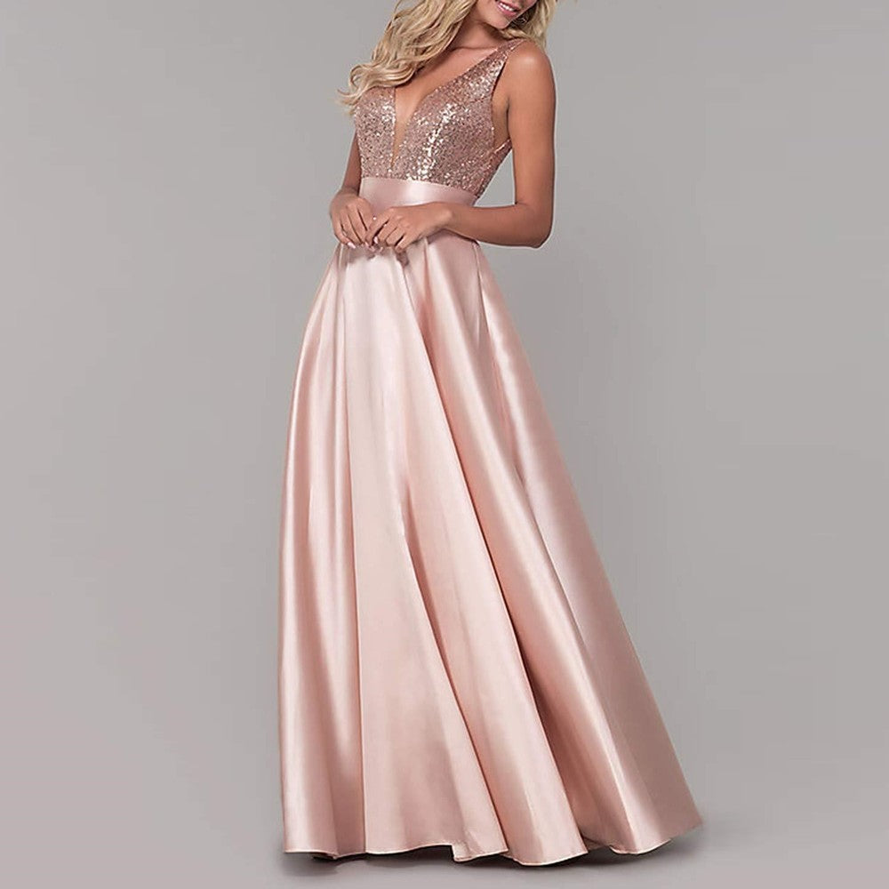 Satin Prom Gowns Sequin Top V Neck Bridesmaid Dresses